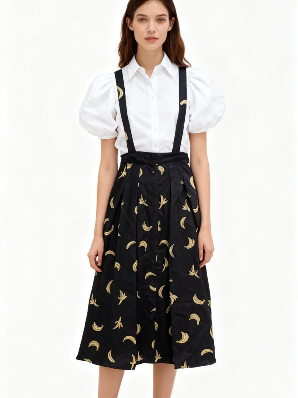 NEW! English Factory Suspenders Banana Print Black Midi Skirt Size XS
